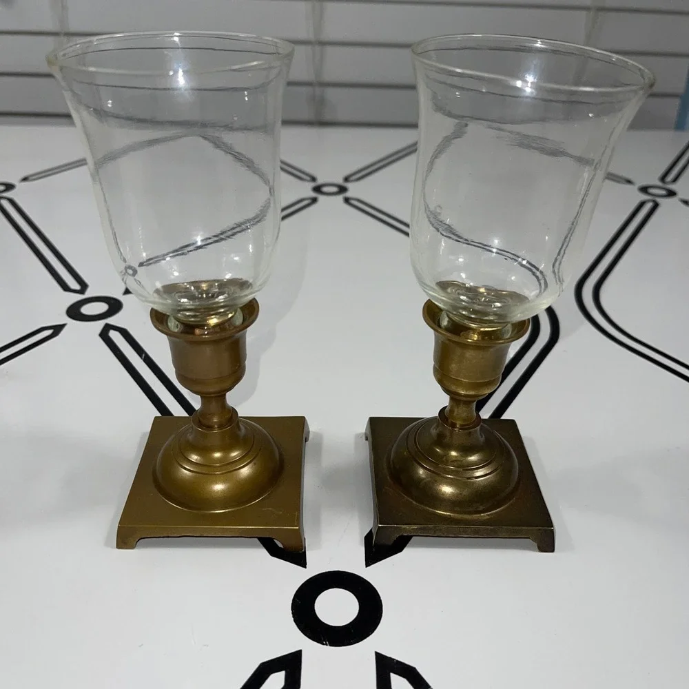 Pair Vintage MCM Brass Candle Holders w/ Glass Chimneys Square Base‎